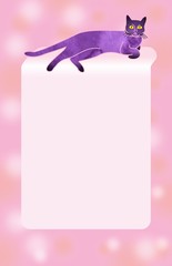 Violet cat lies on a light papyrus background. Template for postcards. Set of illustrations with a funny kitten character.