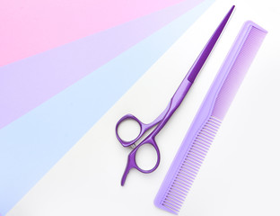 Stylish professional barber scissors and combs, hairdresser salon concept, hairdressing tool set. Haircut accessories