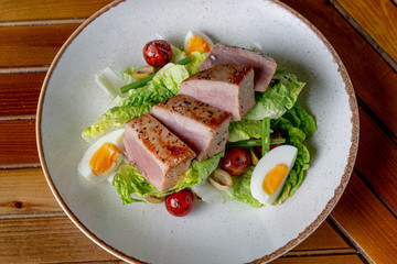 Tuna stake and salad, healthy food 