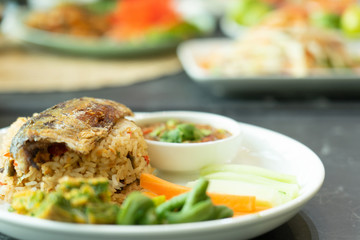Thai food background. Dishes of thai cuisine.Black stone  table background.