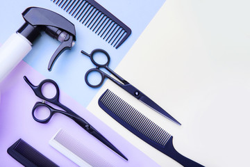 Stylish professional barber scissors and combs, hairdresser salon concept, hairdressing tool set. Haircut accessories