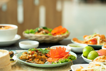 Thai food background. Dishes of thai cuisine.Black stone  table background.