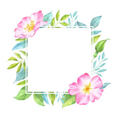 Fototapeta na wymiar Watercolor floral square frame with wild rose flowers, bud, green leaves and branches