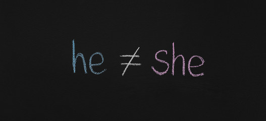 Word He is not equal She, chalkboard sketch