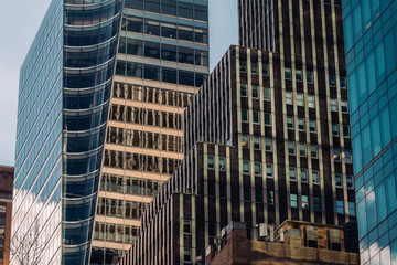 Close-up view of 7 Bryant Park and modern skyscrapers in Midtown Manhattan New York City