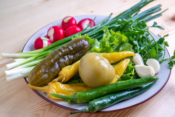 radish, parsley, onion, pickled cucumber and other vegetables on a plate