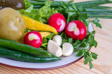 radish, parsley, onion, pickled cucumber and other vegetables on a plate