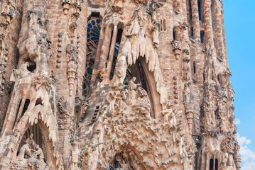 BARCELONA, SPAIN - OCTOBER 08, 2018: Sagrada Familia, detail of the facade.