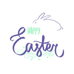 Happy Easter text. Holiday invitation. Green dark blue color sign. Calligraphic lines. Vector illustration floral ornament, bunny. Doodle design elements. Cute handdrawn sketched wish. Invite template