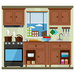 Kitchen with a set of furniture. The cozy interior of the room with a stove, microwave, wardrobe and utensils. Flat style vector illustration.