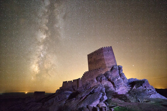 Spain, Guadalajara, Castle of Zafra at night, starry sky