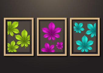 Set of hanging decorative frames for photos and images with shadow effects. Bright creative leaves of chestnut. Dark background.