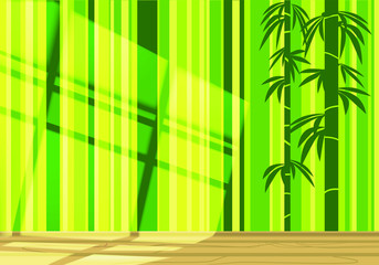 empty bamboo room in green light with sunlight on the wall and the reflection of the window