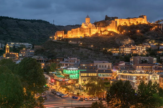 Georgia, Tbilisi, view on fortress Narikala at night