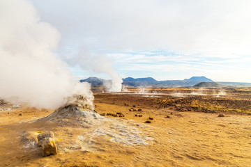 A view of Hverir in Iceland, a place with boiling mud and metan canals, Iceland