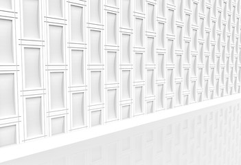 3d rendering. perspective view of Modern white rectangle brick stack wall and walking way floor background.