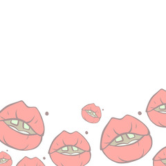 Cartoon style vector doodle illustration of pink human lips pattern frame. Great design for invitations, cards, websites, banner, poster. Drawing isolated on white background. Beauty, fashion