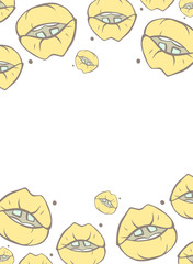 Cartoon style vector doodle illustration of yellow human lips pattern frame. Great design for invitations, cards, websites, banner, poster. Drawing isolated on white background. Beauty, fashion