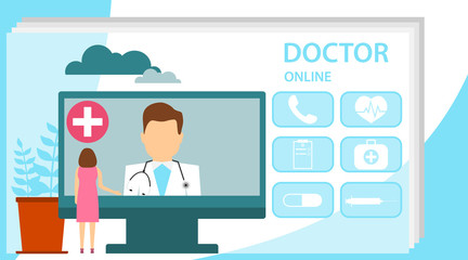 Fototapeta na wymiar Doctor online concept with character. Online doctor, internet computer health service, medical consultation vector concept. Online doctor medical consultation concept.