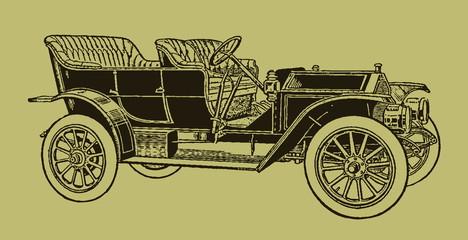 Fototapeta na wymiar Vintage touring car in quarter front view. Illustration after a lithography or engraving from the early 20th century. Editable in layers