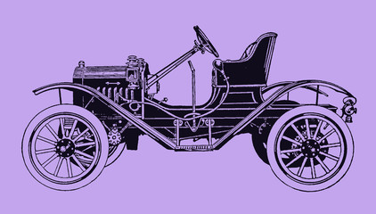 Fototapeta na wymiar Small vintage car in side view. Illustration after a lithography or engraving from the early 20th century. Editable in layers