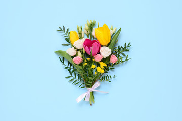 Flower bouquet, flat lay composition