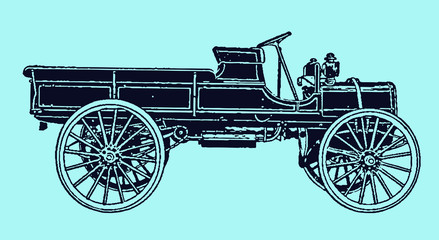 Antique motor wagon in side view, after engraving from early 20c. © M