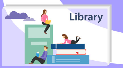 Book library concept banner with characters. Media book library concept. E-book, reading an ebook to study on e-library at school. Book festival concept of a small people reading