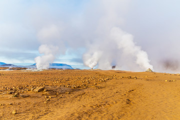A view of Hverir in Iceland, a place with boiling mud and metan canals, Iceland
