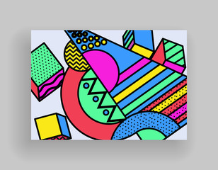 Minimal covers design. Placard templates set with abstract geometric shapes, 80s memphis bright style flat design elements. Retro art for a4 covers, banners, flyers and posters.