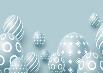 Abstract Easter blue background. Decorative 3d eggs with copy space. Vector illustration.