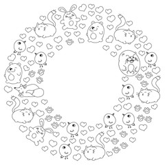 Vector set of beautiful round icons in the form of wild animals for children and design, print, cat ,bear, fox, bird ,hare or rabbit. Round animals with caption on white background