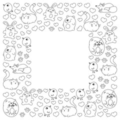 Vector set of beautiful round icons in the form of wild animals for children and design, print, cat ,bear, fox, bird ,hare or rabbit. Round animals with caption on white background