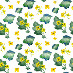 Watercolor seamless pattern with celandine flowers and branches. Background