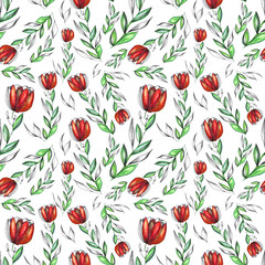 Watercolor seamless floral pattern on white background. Hand drawn illustration