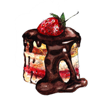 Watercolor Hand-drawn Cake In Chocolate With Strawberries On Isolated On White Background