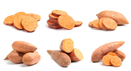 Set of ripe sweet potatoes on white background