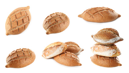 Set of fresh bread on white background