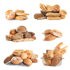 Set of fresh bread on white background