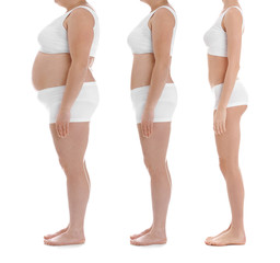 Overweight woman before and after weight loss on white background, closeup
