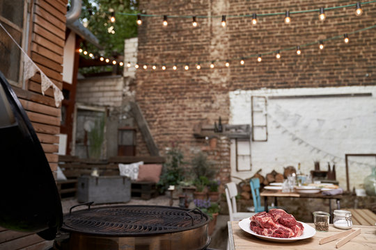Barbecue in a backyard, steaks on a plate