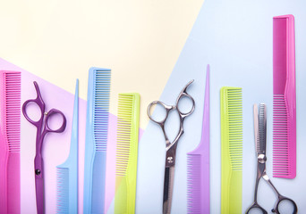 Stylish professional barber scissors and combs, hairdresser salon concept, hairdressing tool set. Haircut accessories