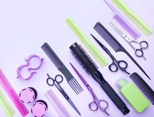 Stylish professional barber scissors and combs, hairdresser salon concept, hairdressing tool set. Haircut accessories