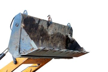 raised up big yellow hydraulic excavator bucket isolated on white background closeup © c1a0