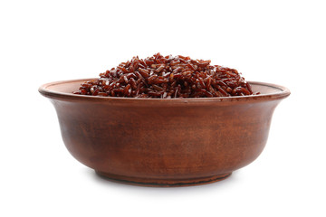Bowl of cooked brown rice isolated on white