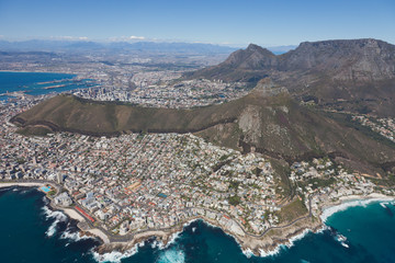 Fototapeta premium Aerial view of Cape town South Africa from a helicopter. Panorama Cape Town South Africa from birds eye view on a sunny day
