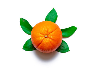 Fresh orange fruit with green leaves isolated on white.