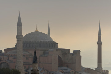 Fototapeta na wymiar Hagia Sophia and the Bosphorus in the early summer morning mist.