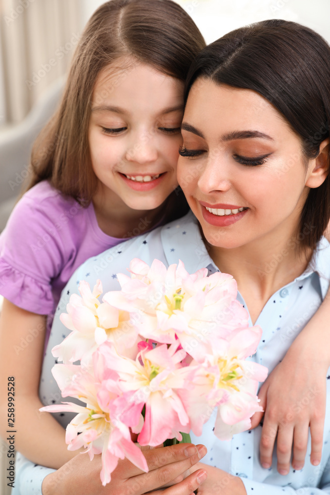 Sticker Little daughter congratulating her mom, closeup. Happy Mother's Day