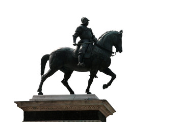 best equestrian medieval old black metal bronze statue of rider condottiere Colleoni in Venice in Italy isolated on white background side view